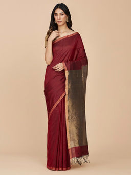 Fabindia - Red Cotton Silk Blend Hand Woven Sari with Unstitched Blouse