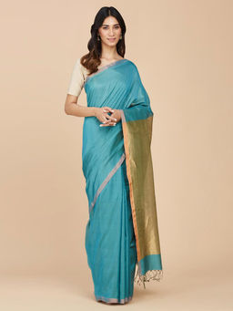 Fabindia - Turquoise Cotton Silk Blend Hand Woven Sari with Unstitched Blouse