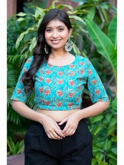 Yash Gallery - Teal Cotton Floral Printed Blouse