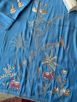 Paisley - Blue Mul Chanderi Embroidered Unstitched Kurta and Pant with Dupatta