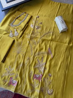 Paisley - Women Yellow Mul Chanderi Embroidered Unstitched Kurta and Pant with Dupatta