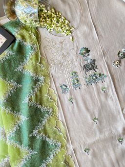 Paisley - Green Mul Chanderi Embroidered Unstitched Kurta and Pant with Dupatta