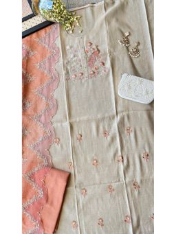 Paisley - Womens Orange Mul Chanderi Embroidered Unstitched Kurta and Pant with Dupatta