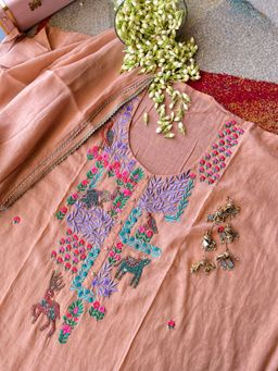 Paisley - Orange Mul Chanderi Embroidered Unstitched Kurta and Pant with Dupatta