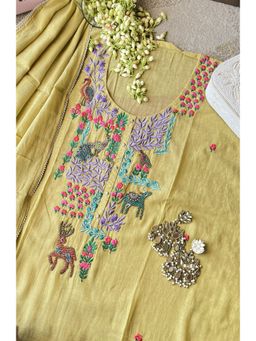 Paisley - Yellow Mul Chanderi Embroidered Unstitched Kurta and Pant with Dupatta