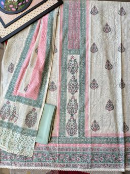 Paisley - Green Banarasi Cotton Handblock Printed Unstitched Kurta and Pant with Dupatta