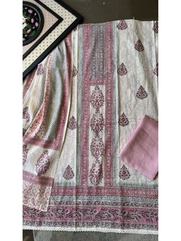 Paisley - Pink Banarasi Cotton Handblock Printed Unstitched Kurta and Pant with Dupatta