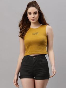 RIGO - Women Mustard Game Over Printed Round Neck Tank Top