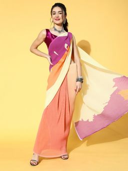Odette - Women's Georgette Peach Printed Designer Saree with Unstitched Blouse