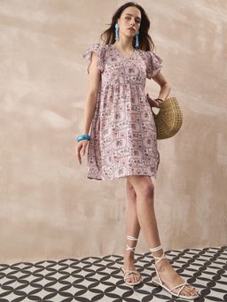 InWeave - Women Beige Printed Half Sleeves Mini Dress