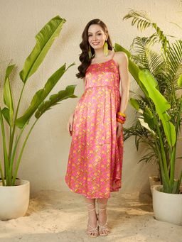 InWeave - Women Pink Printed Sleeveless Midi Dress