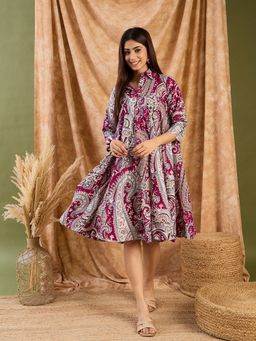 InWeave - Women Wine Paisley Three Fourth Sleeves Midi Dress