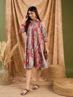 InWeave - Women Red Paisley Three Fourth Sleeves Midi Dress