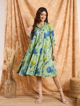 InWeave - Women Green Floral Three Fourth Sleeves Knee Length Dress