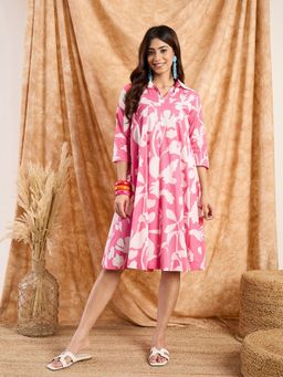 InWeave - Women Pink Floral Three Fourth Sleeves Knee Length Dress