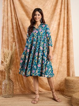 InWeave - Women Teal Floral Three Fourth Sleeves Knee Length Dress