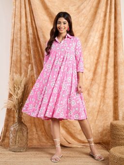 InWeave - Women Pink Floral Three Fourth Sleeves Knee Length Dress