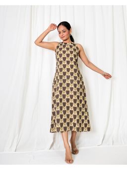 Sivaka India - Brown Floral Print Cotton Midi Dress