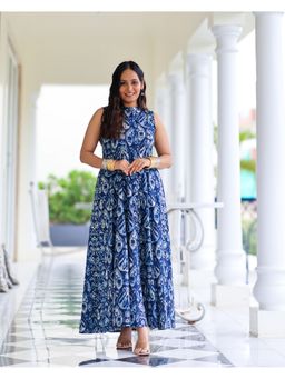 Sivaka India - Blue Ikat Print Cotton Maxi Dress