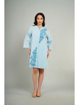 Zolo Label - Women Blue Embroidered Mandarin Neck Knee Length Dress
