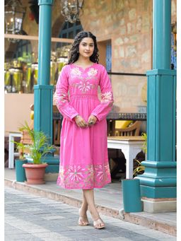 Zolo Label - Women Pink Embroidered V-Neck Midi Dress