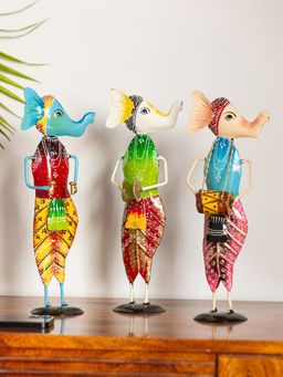 ExclusiveLane - Melodious Ganesha Trio' Handpainted Decorative Showpieces In Metal (Set of 3, 12 Inch)