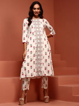 Imara - Off-White Printed A-Line Kurta (Set of 2)