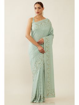 Soch - Women Green Embroidered Saree with Unstitched Blouse