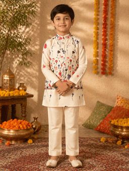 Superminis - Boys Cotton Ethnic Floral Printed Kurta with Nehru Jacket and Pajama