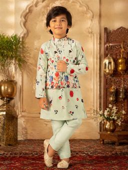 Superminis - Boys Cotton Ethnic Floral Printed Kurta with Nehru Jacket and Pajama