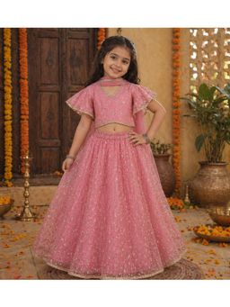 Superminis - Girls Net Embroidered Lehenga and Choli with Dupatta