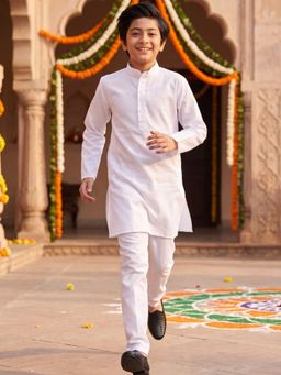 AJ Dezines - White Solid Pure Cotton Kurta Pyjama For Boys
