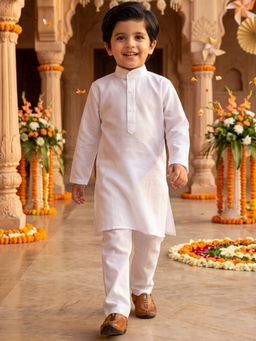 AJ Dezines - White Solid Pure Cotton Kurta Pyjama For Boys