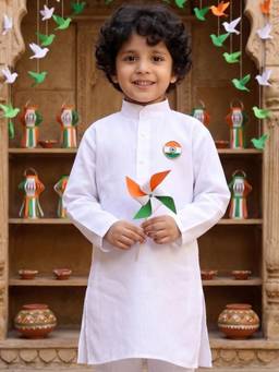 AJ Dezines - White Solid Pure Cotton Kurta with Round Brooch For Boys