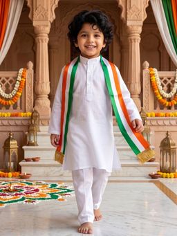AJ Dezines - White Solid Pure Cotton Kurta and Pyjama with Dupatta For Boys