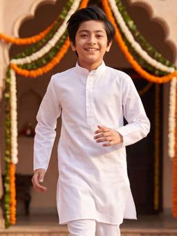 AJ Dezines - White Solid Pure Cotton Kurta For Boys