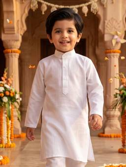AJ Dezines - White Solid Pure Cotton Kurta For Boys