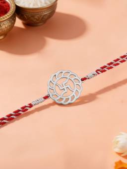 Ornate Jewels - 925 Silver Rhodium Plated Swastik Thread Rakhi for Brother With Roli Chawal