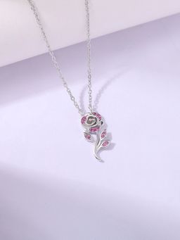 Ornate Jewels - 925 Silver Rhodium Plated Pink Rose Flower Adjustable Necklace for Women & Girls