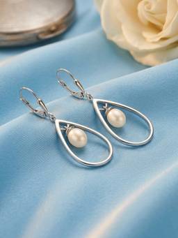 Ornate Jewels - 925 Silver Rhodium Plated Round White Pearl Luminous Drops Earring for Women & Girls