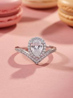Ornate Jewels - 925 Silver Rhodium Plated American Diamond Sparkle Teardrop Ring for Women & Girls