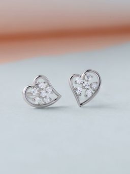 Ornate Jewels - 925 Silver White Cz Floral Heart Stud Earrings