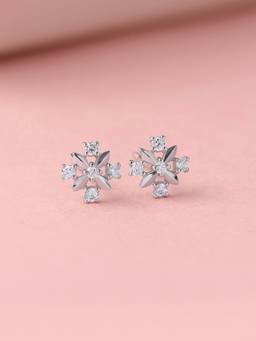 Ornate Jewels - 925 Silver American Diamond Flower Cluster Stud Daily Wear Earrings for Women & Girls
