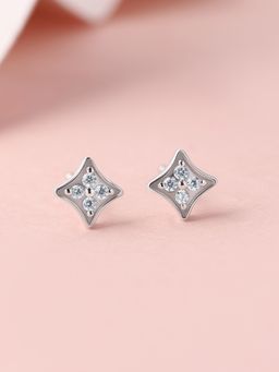 Ornate Jewels - 925 Silver White Cz 4-Pointed Star Stud Earrings