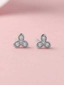 Ornate Jewels - 925 Silver White Cz Flower Three-Stone Stud Earrings