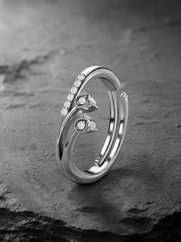 Ornate Jewels - 925 Silver White CZ Twin Flower Bud Adjustable Anniversary Rings for Women & Girls