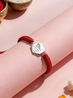 Ornate Jewels - 925 Silver Krishna Flute Morpankh Thread Rakhi with Roli Chawal for Brother