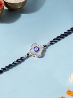 Ornate Jewels - 925 Silver Mother Of Pearl Flower Evil Eye Thread Rakhi with Roli Chawal for Brother