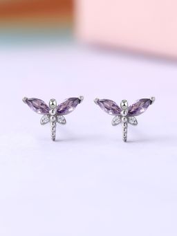 Ornate Jewels - 925 Silver Rhodium Plated Purple Amethyst Dragonfly Stud Earring for Women & Girls