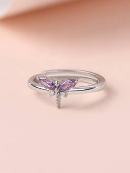 Ornate Jewels - 925 Hallmark Rhodium Plated Purple CZ Dragonfly Adjustable Ring for Women & Girls